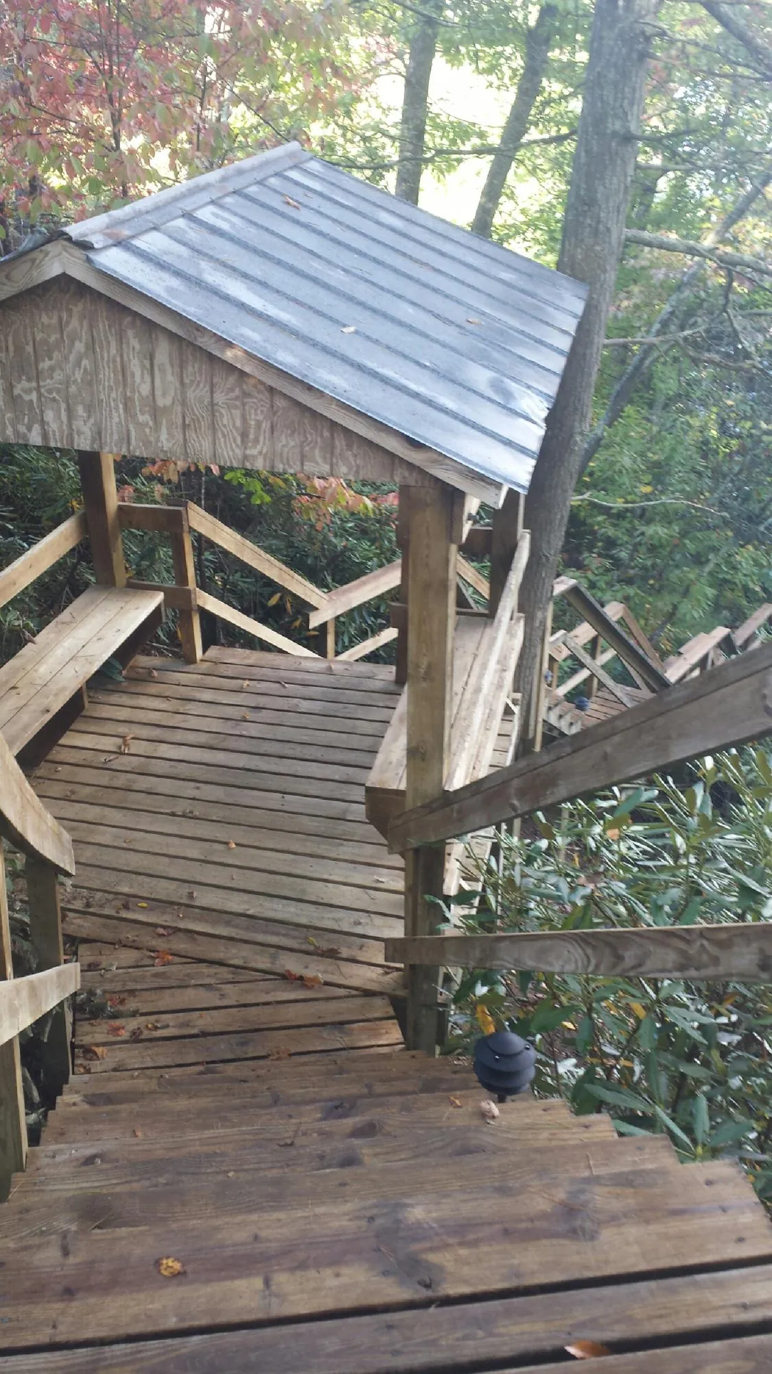 Metal roofed shelter over wooden steps on a wooded walkway — Skylight Repair & Installation work by our crew in Newtonville